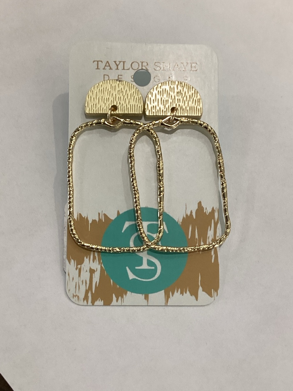Gold Textured Open Rectangle Drop Earrings - Hammered Finish - Picture 1 of 4